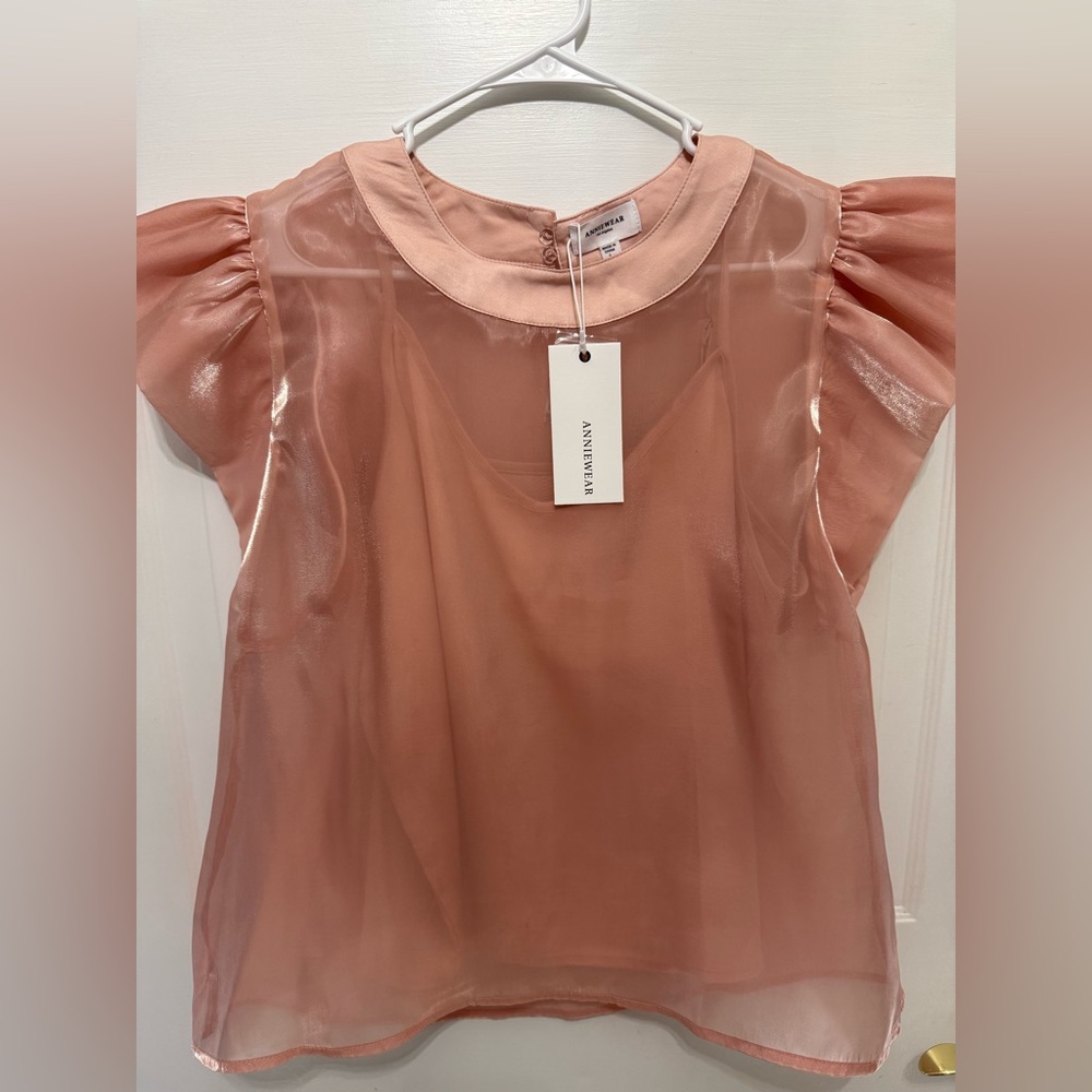 Annie Wear. Glitter shiny frill sleeve pink Sheer blouse with silk cami. Large.